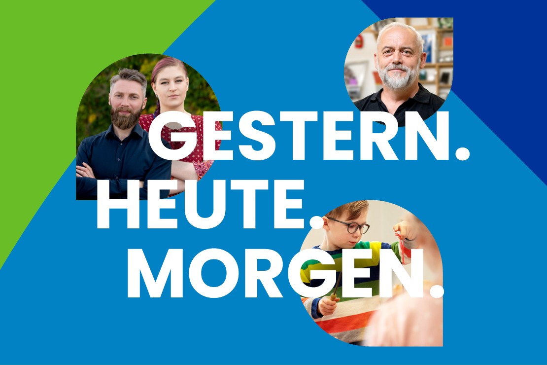 Text "Gestern. Heute. Morgen" und drei passende Fotos