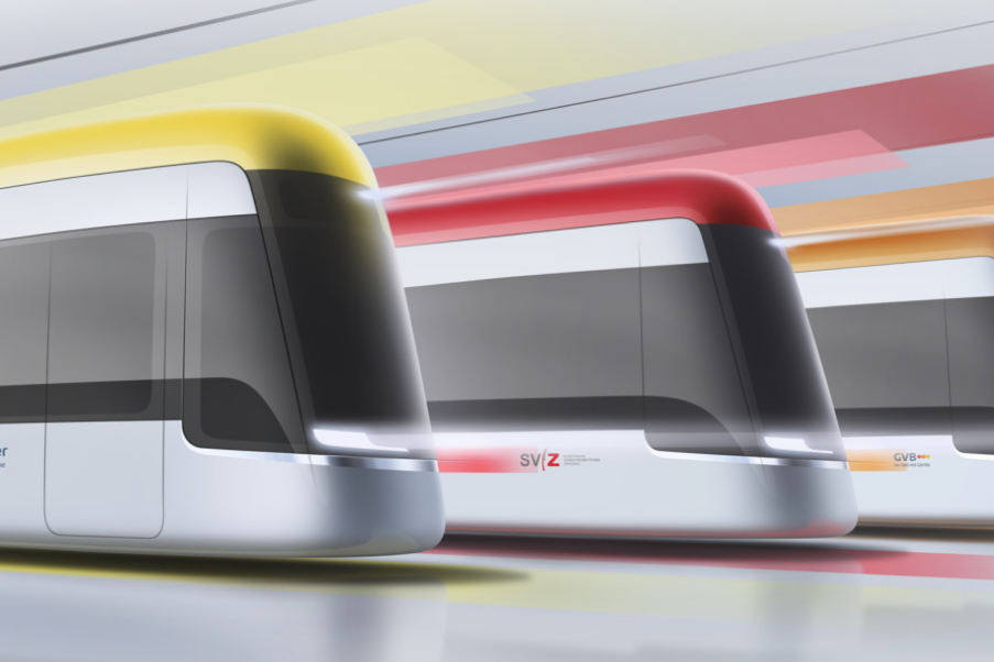 Drei moderne Straßenbahnen nebeneinander
