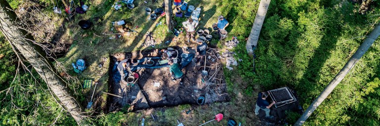 Luftaufnahme. Ein Gruppe von Menschen im Wald. Es wird ein Loch ausgehoben.