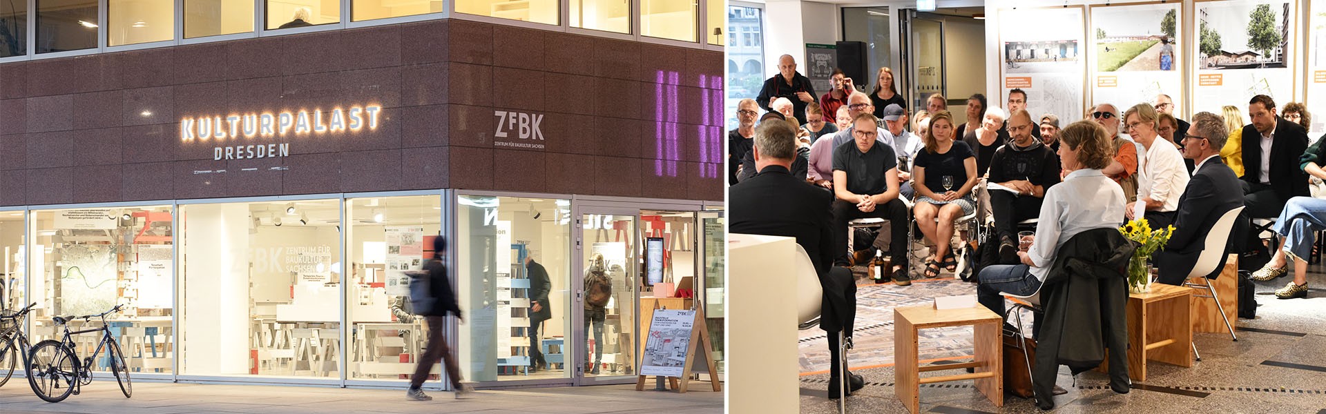 Zwei Bilder nebeneinander. Links Außenaufnahme Kulturpalast Dresden und rechts eine Diskussionsrunde im Gebäude mit einigen Zuschauern.