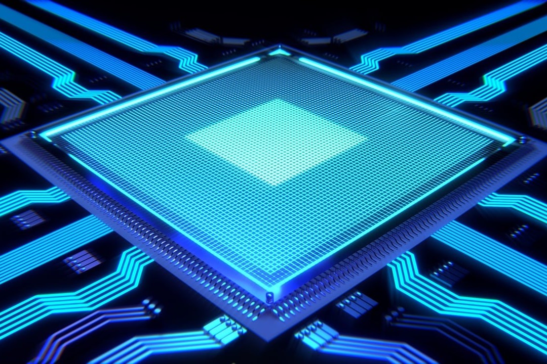 stilisierter Compterchip mit Zu- und Ableitungen