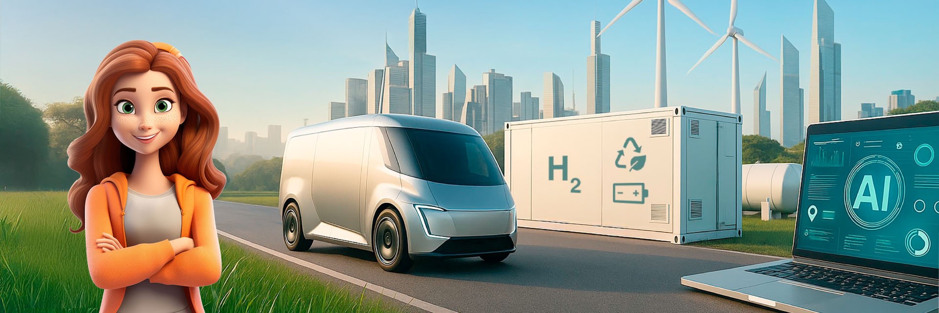 Animationsgrafiken von einer Frau, einem futuristischen Bus und modernem Laptop und im Hintergrund eine Stadt.