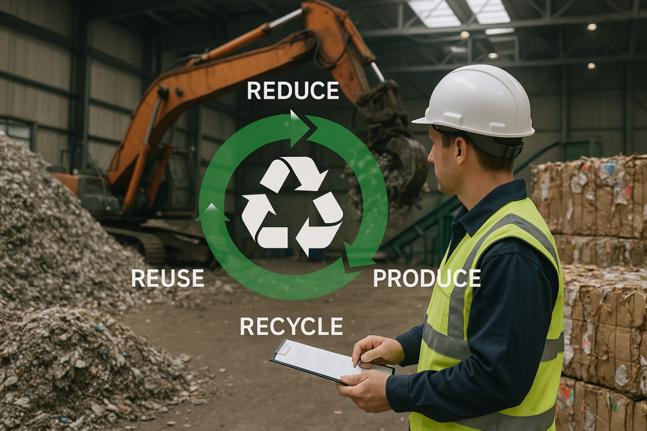Arbeiter in Werkhalle mit Recycling-Material