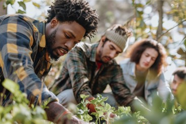 Vier Menschen hocken über einem Beet