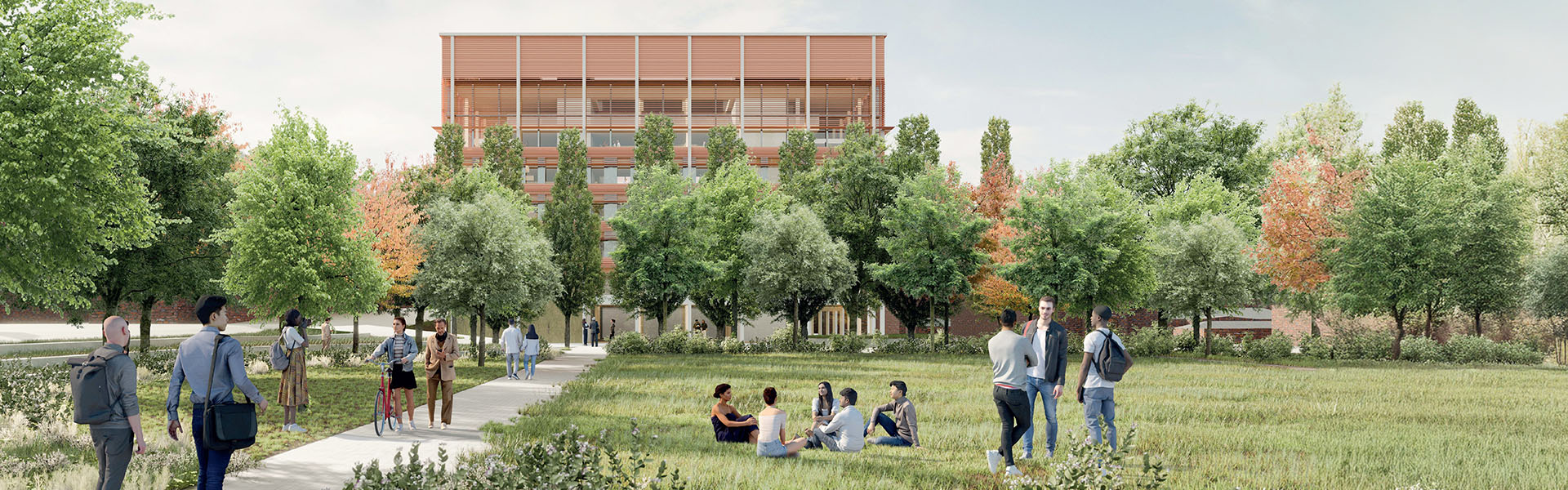 Animationsbild vom neuen Projekthaus Zukunft von Außen. Parkansicht mit Menschen auf der Wiese und einem Weg.