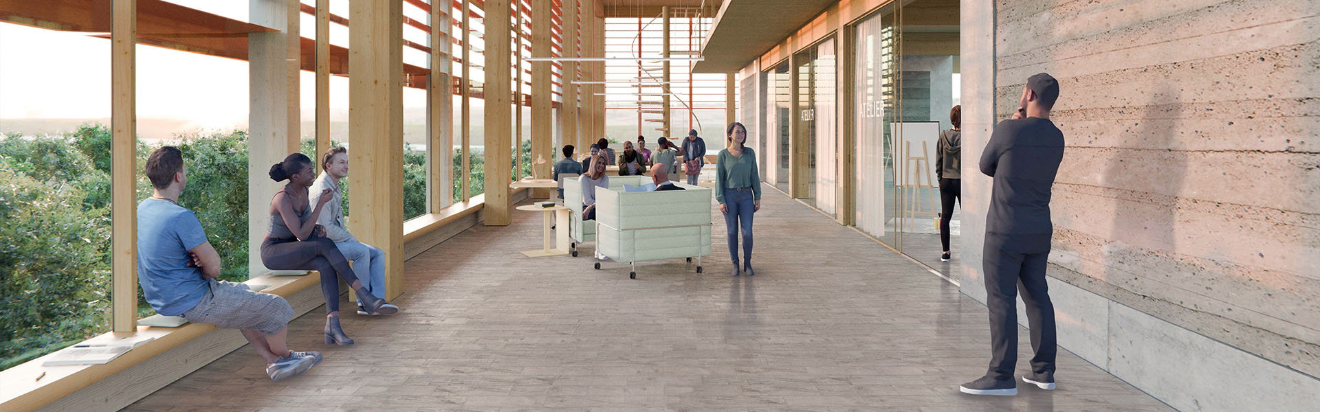 Animation des neuen Institutsgebäudes von Innen. Junge Leute in einem Flur mit großen Fenstern.