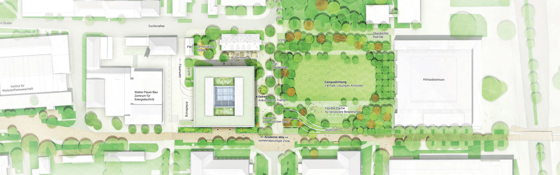 Detailkarte bzw. Skizze eines Geländes mit neuem Institutsgebäude Projekthaus Zukunft und Park aus der Vogelperspektive.